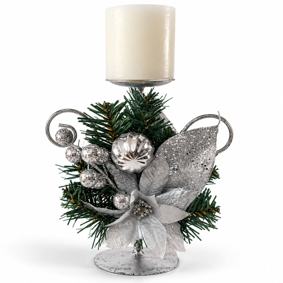 Centro navideño con vela blanca