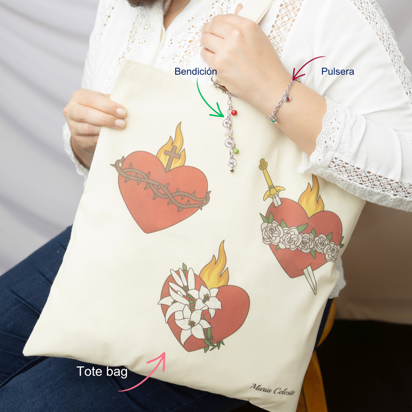Set 3 Corazones Tote bag+ Bendición + Pulsera